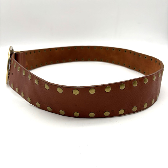 Vintage Y2K Calvin Klein 610664 Brown Studded Leather Brass Medallion Belt L 40\